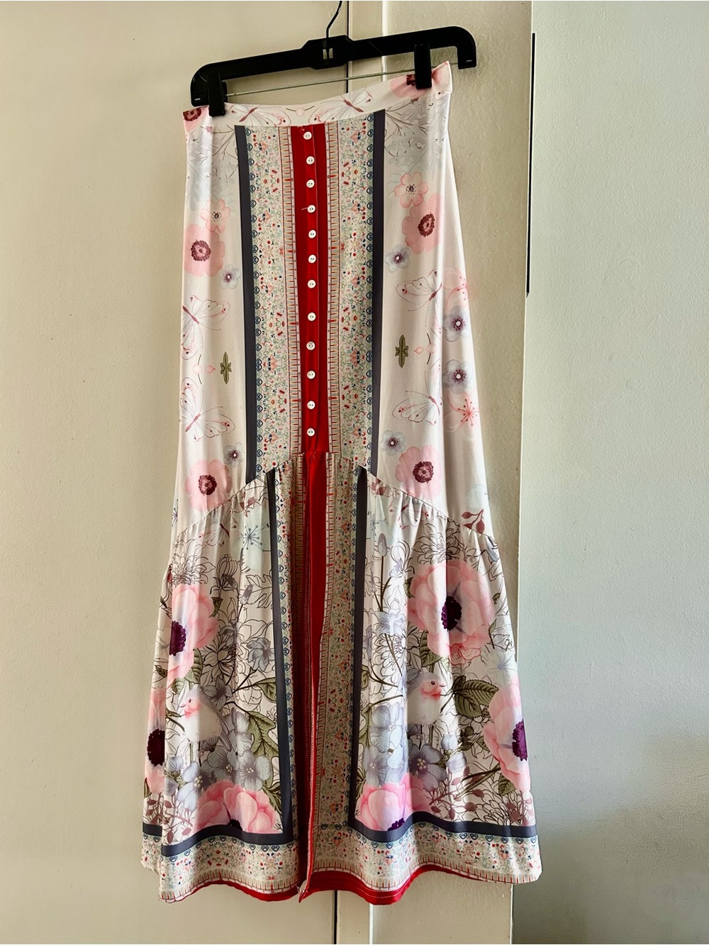 Bohemian Floral Panel Maxi Skirt in Pink and Red